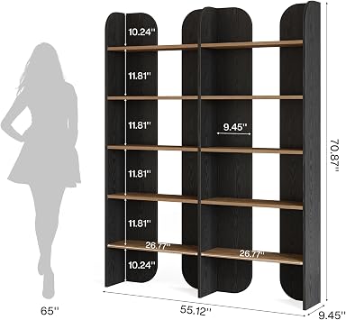 Tribesigns 70.87-Inch Tall Farmhouse Bookshelf, 5-Tier Double Wide Bookcase with Open Shelves, Freestanding Display Shelf with Sturdy Frame for Home Office (1PC, Black & Brown)