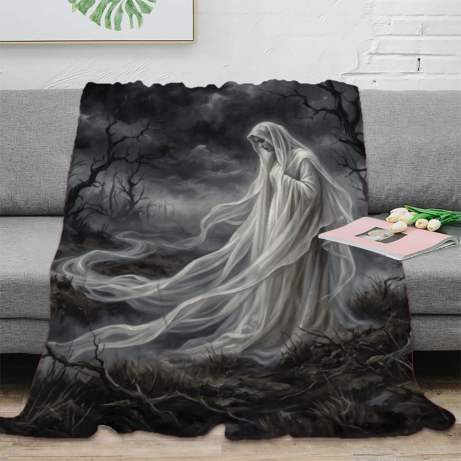 H3B8U2Y5 White Ghost Storm Forest Blanket, Gothic Fantasy, Nap