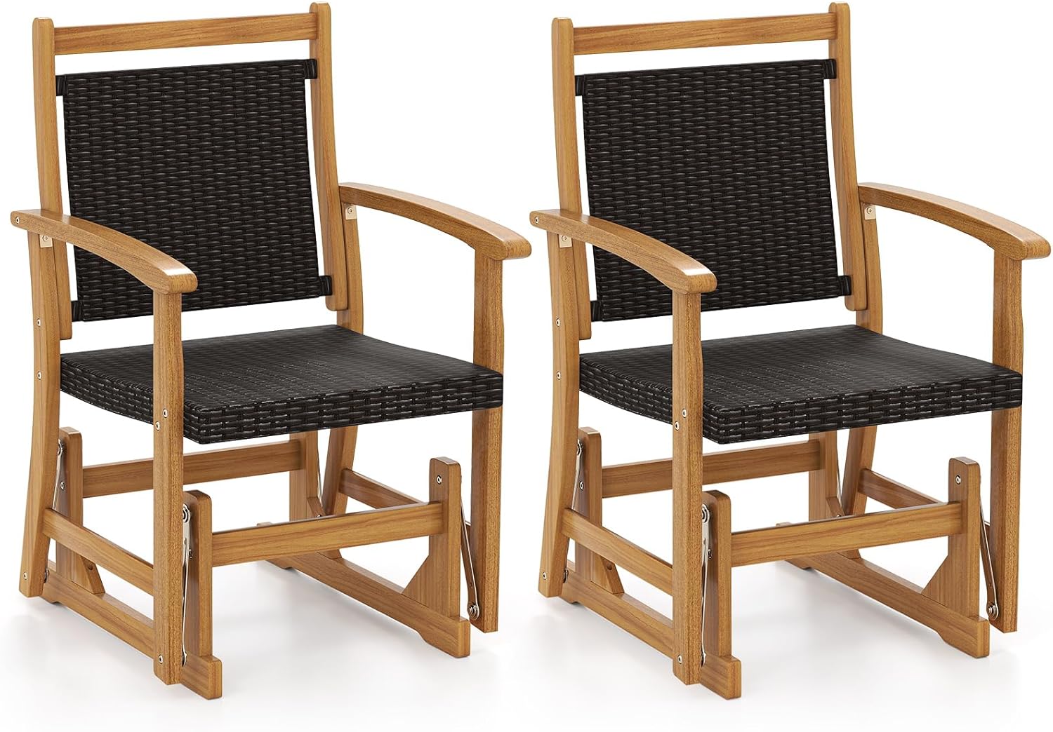 Tangkula Patio Rattan Glider Chair, Swing Gliding Rocker w/Acacia Wood Frame & Wicker Seat Back, Outdoor Rocking Armchair w/Curved Armrests for Porch, Backyard, Poolside (1 Seat-2 Pack)