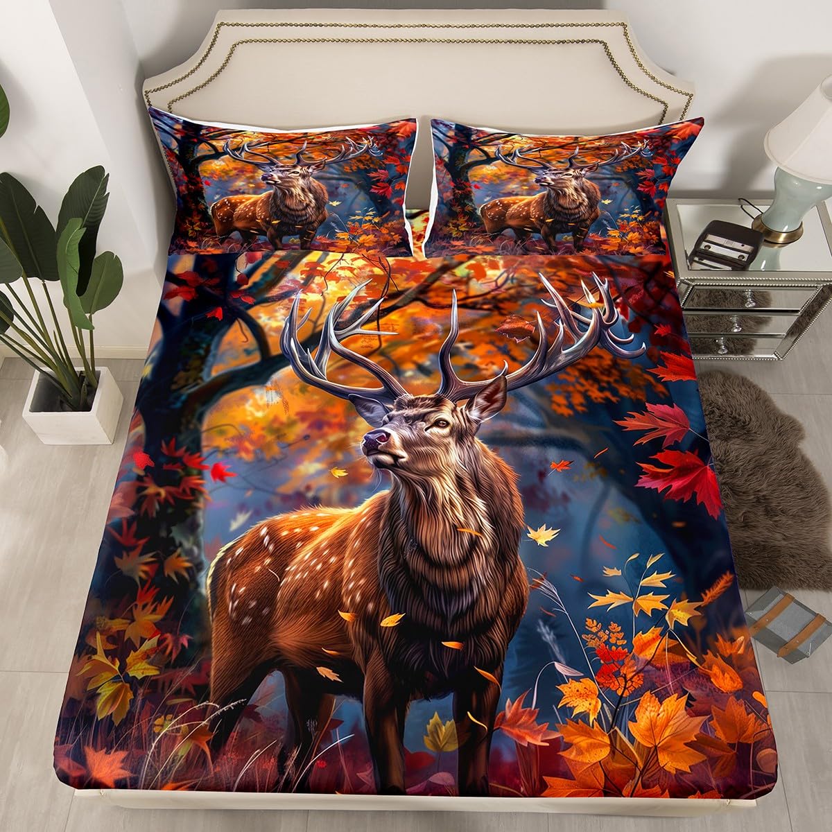 Lit 1 place : parure de lit sans drap plat motif cerf rustique