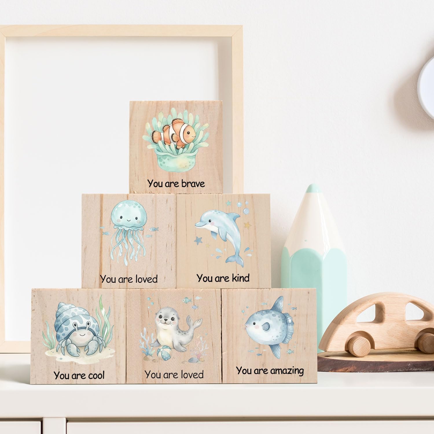 6 Pcs Baby Blocks, Ocean Woodland Nursery Decor for Girls and Boys, Nursery Watercolor Shelf Decor, Extra-Size Wooden Shelf Decoration Kids Bedroom Playroom Gifts 2.4x2.4 in