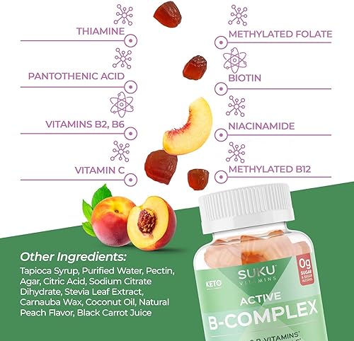 Miniatura 5 de SUKU - Gomitas de complejo de vitamina B con vitamina C Suplemento de gomitas de complejo vegano de 8 vitaminas B sin azúcar aumenta el desarrollo