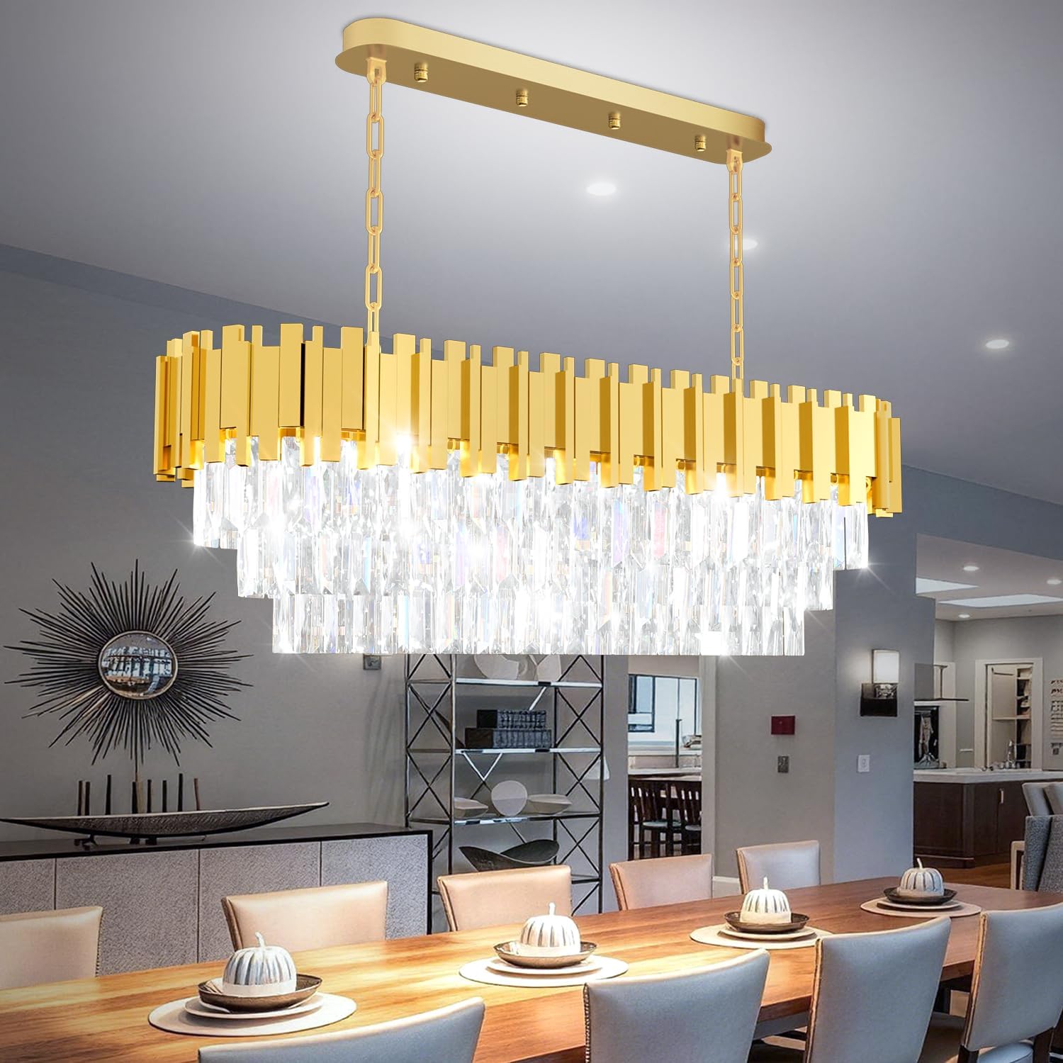 40'' L Modern Crystal Chandeliers for Dining Room 10 Lights Gold Chandelier Large Luxury Rectangular Crystal Chandelier Pendant Light Fixture, Kitchen Island,Entryway,Living Room