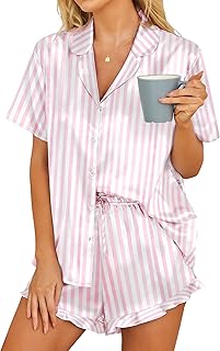 Womens 2 Piece Satin Pajamas Set Button Down Pajama Shirt Silky Ruffled Pjs Shorts Notch Collar Sleepwear