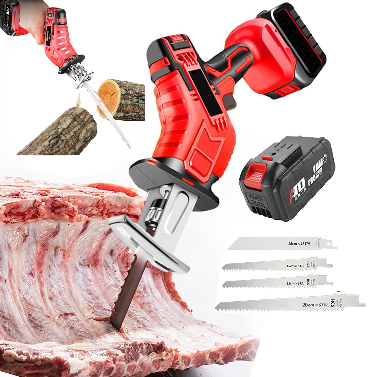 Handheld Electric Bone Saw - LED Light + 4 Saw Blades, Cordless Reciprocating Saw - 6.0Ah Lithium Battery for Bones, Meat, Wood, Metal, Plastic