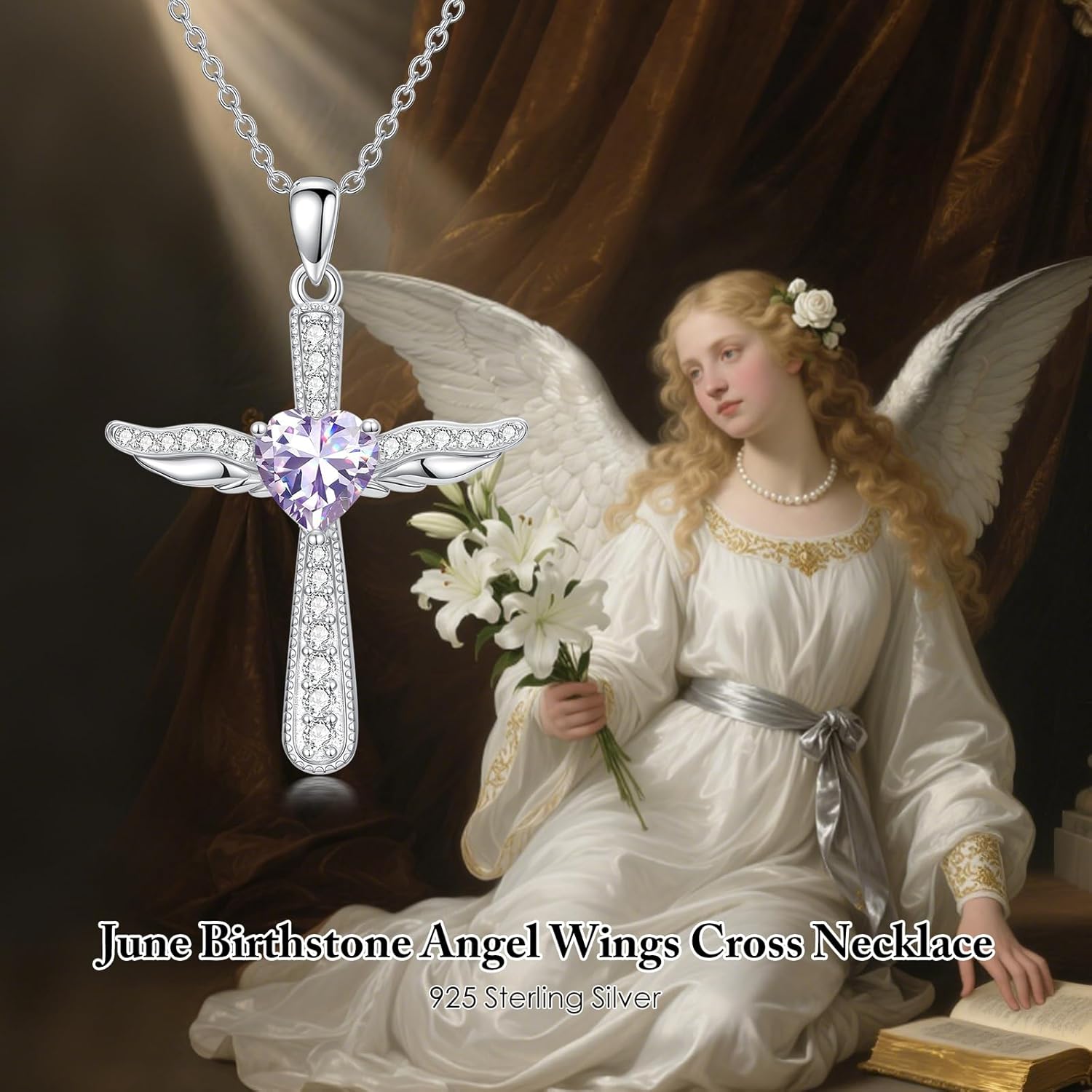 Cross Necklaces for Women 925 Sterling Silver Angel Wings Crucifix Pendant Birthstone Cross Jewelry for Women - Image 3