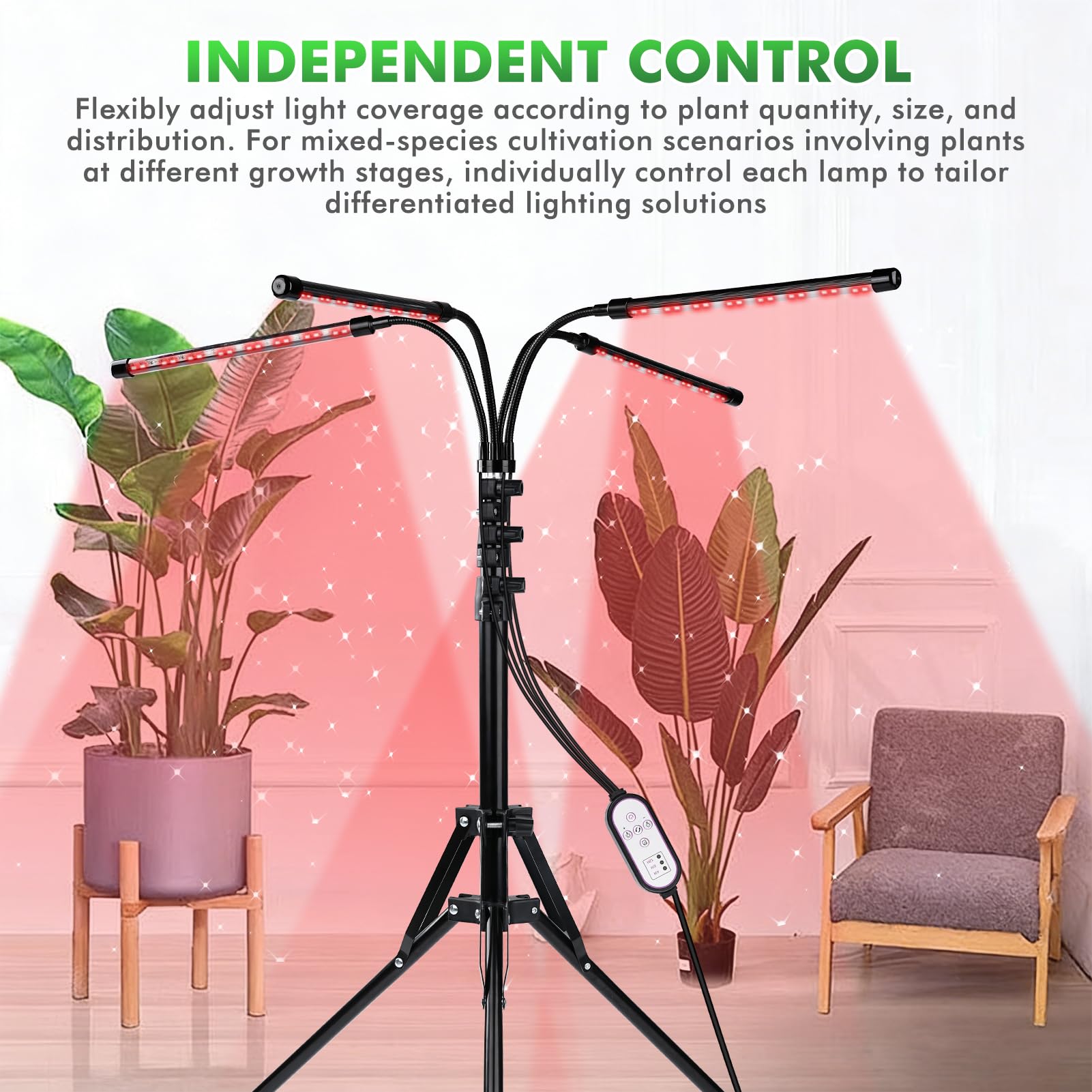 Lampe Horticole LED Avec Support, Lampe Horticole sur Pied à 4 Tubes, Filaire et Télécommandée, 80 LED, 10 Niveaux de Luminosité pour Plantes D'Intérieur (Version Avec Prise USB)