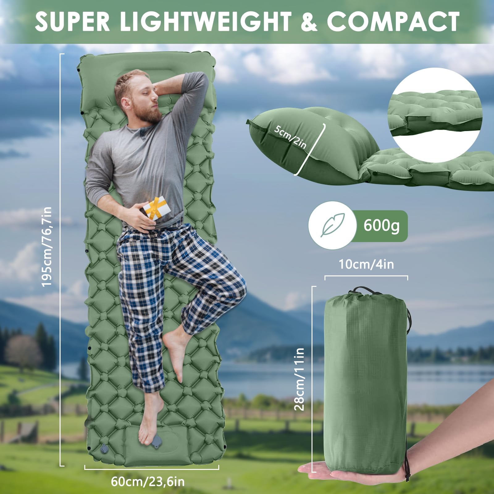 Matelas Gonflable, Matelas de Camping Autogonflant, Matelas Camping Portable, Matelas Pneumatique Ultraléger avec Pompe à Pied et Oreiller, 195cm x 60cm x 5cm, pour Extérie, Voyage (Vert)