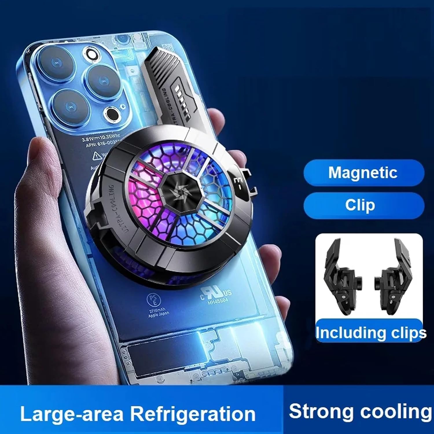 Magnetic Cell Phone Cooler, Universal Cellphone Radiator with Removable Grip, AI Smart Temperature Control, Portable RGB Cooling Fan Compatible with iPhone/Android/Tablet/iPad