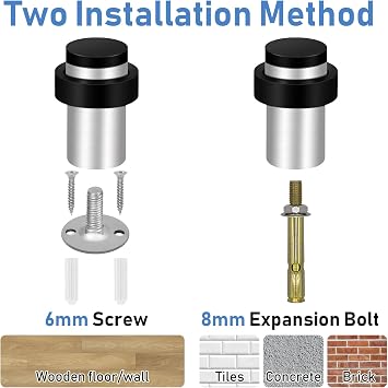 Door Stop, 50mm Floor Door Stoppers Wall Floor Mounted, Stainless Steel, Heavy Duty Doorstop with Sound Dampening Rubber Bumper Wall Protector, Brushed Nickel