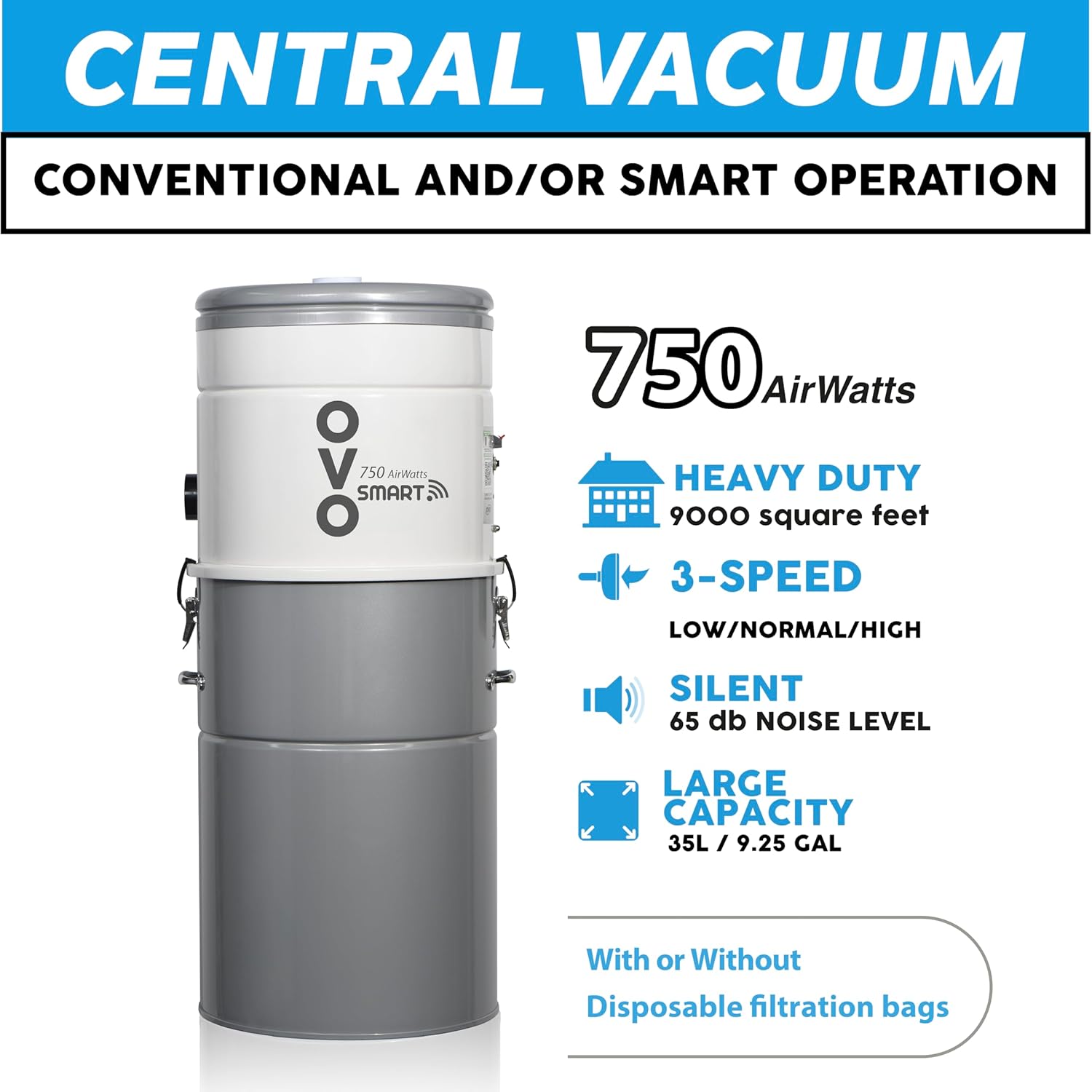 OVO 750 AW Smart Central Vacuum System- Conventional & Smart App ON/Off Control and More-Hybrid Filtration, Ultra Quiet, Covers up to 10,000 Sq. Ft., Soft Start/Stop, 3 Suction Levels & Voice Control