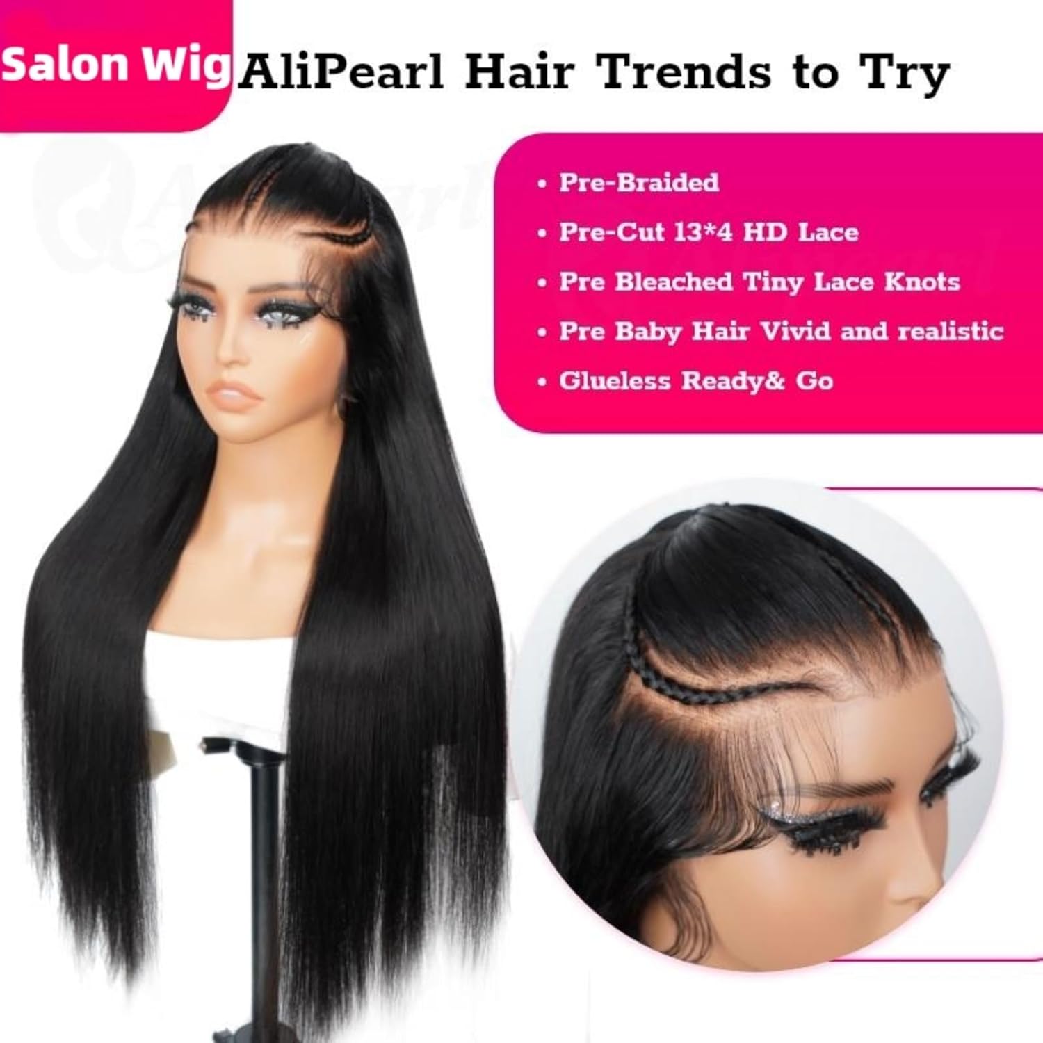Ali Pearl Pre Braided Wig Straight Lace Front Wigs Human Hair Ready To Go Glueless Wig Human Hair Pre Plucked Pre Cut Straight 13x4 HD Lace Frontal Wigs For Black Women 16 Inch