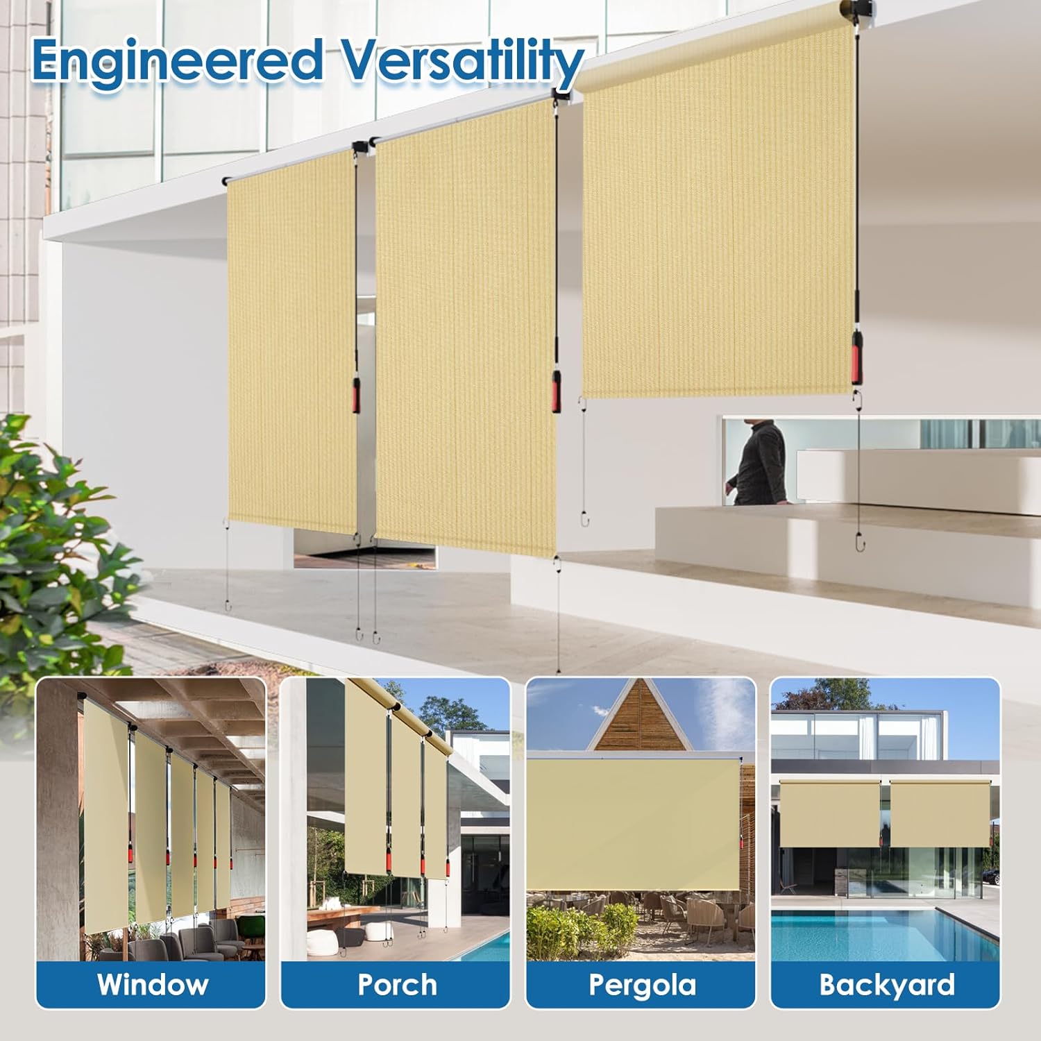 Roller Shades for Patio 6' W x 6' H, Exterior Cordless Shades Roll Up Outdoor Blinds with 90% UV Protection for Pergola, Beige - Electric/Manual Awning Crank Kit - Image 7