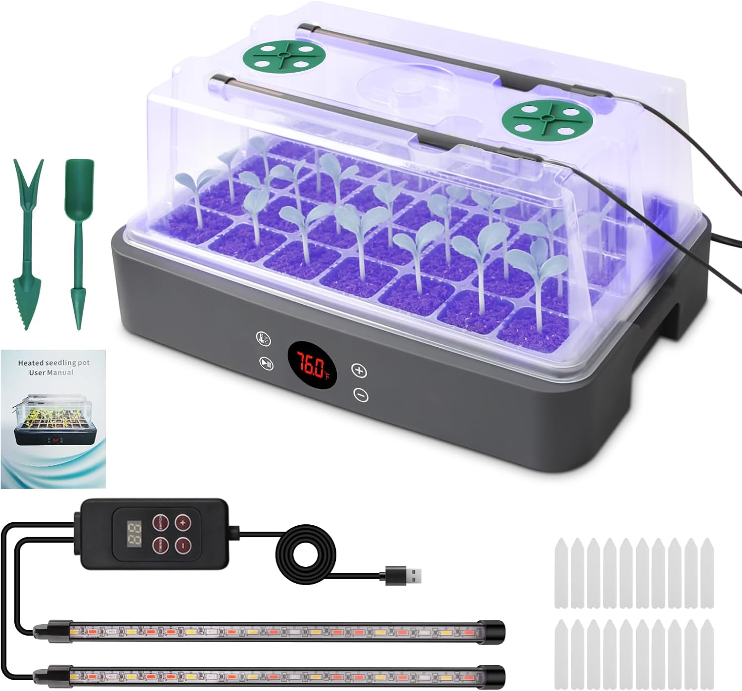 40-Cell Self-Watering Seed Starter Tray with Grow Light, 1-24H Timer, Humidity Dome, Soil pH Meter, Gloves, Seedling Tools, Indoor Kit for Plant Germination, Herbs, Vegetables, Flowers