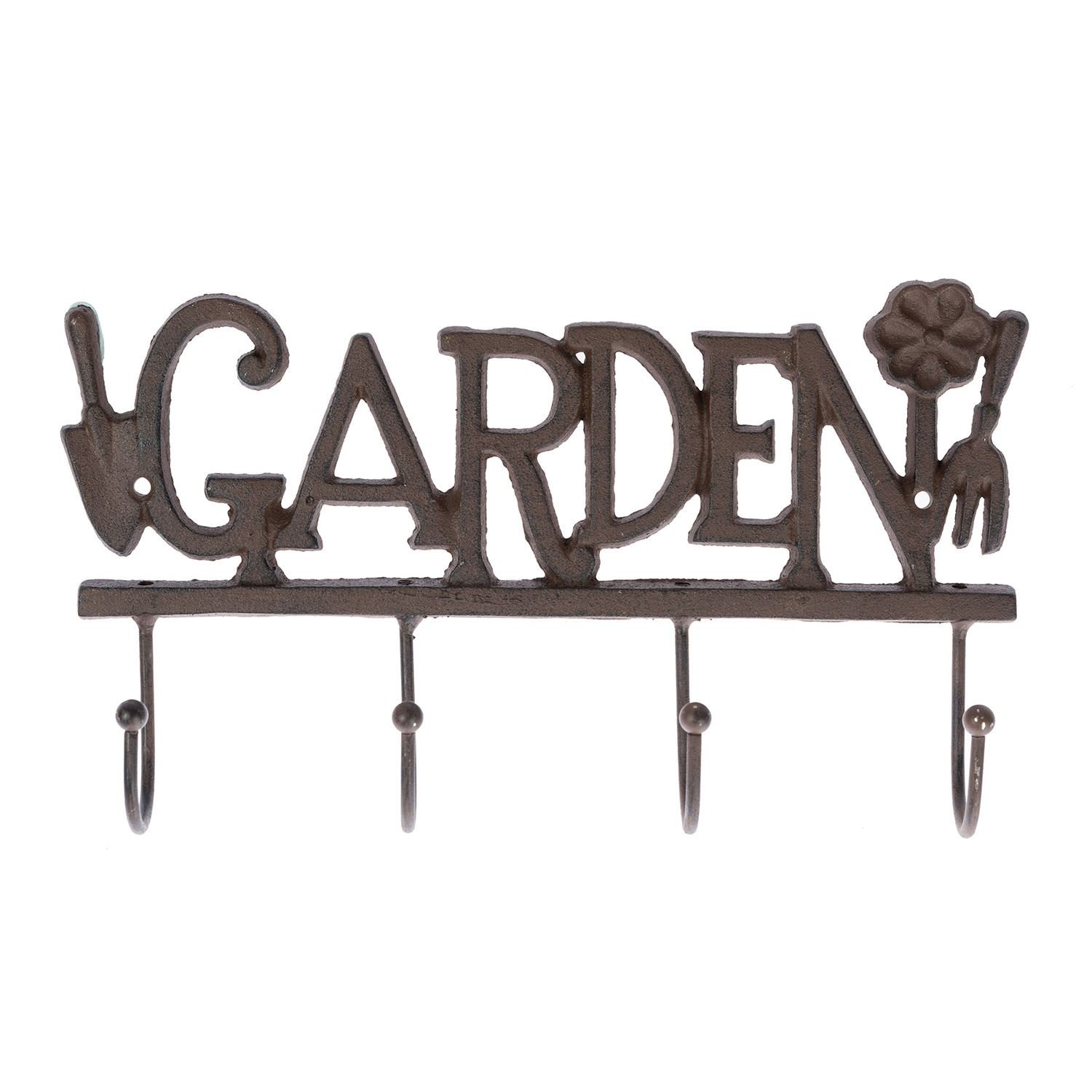 HOMESCAPES Cast Iron Wall Hanger Hook Rack with Decorative ‘Garden’ Sign and Flowers Suitable for Indoor and Outdoor Use