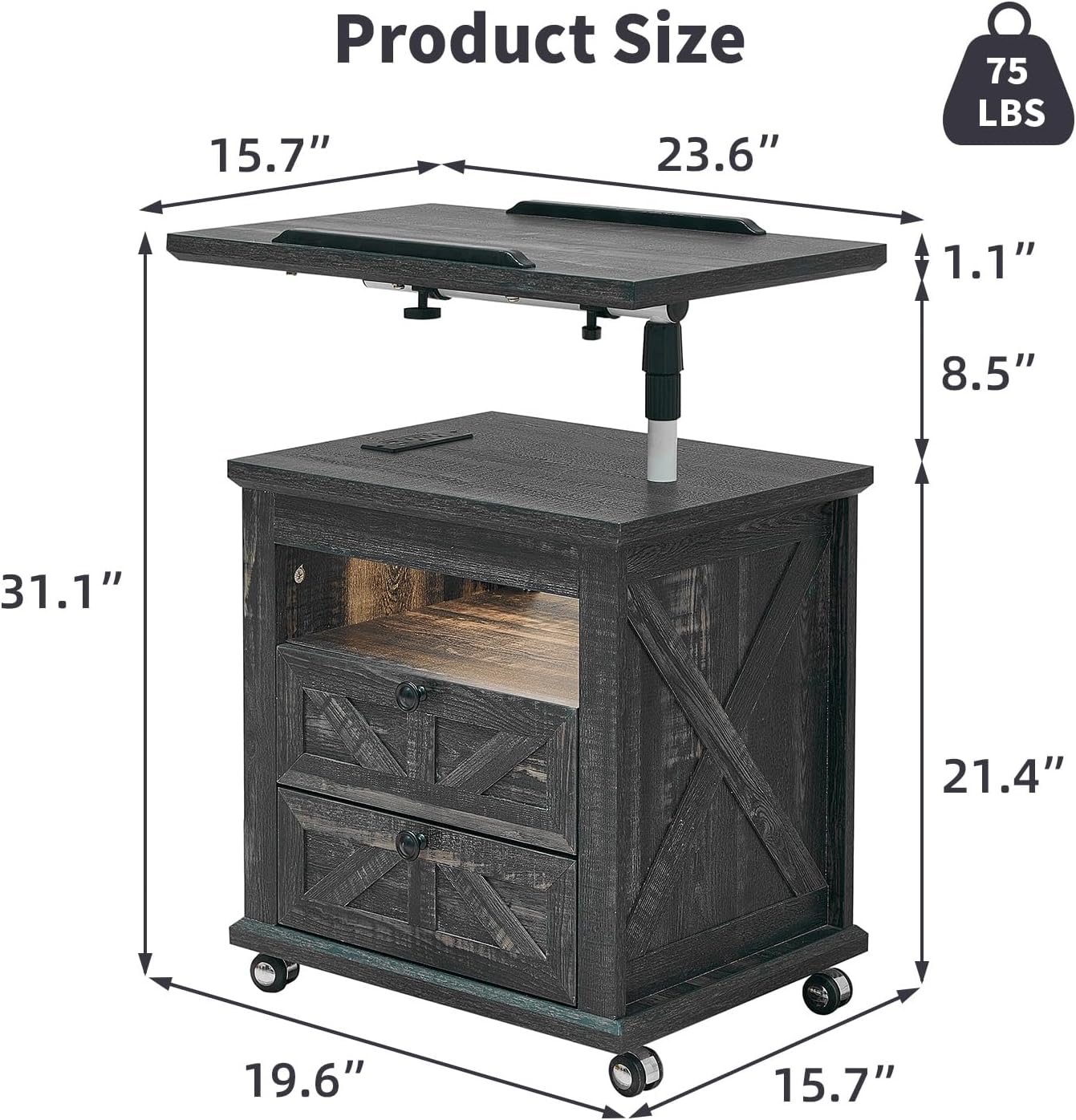 Nightstand with Charging Station and LED Lights, Night Stand with Adjustable Tabletop, LED Nightstand with 2 Storage Drawers, Bed Side Tables for Bedroom Living Room Study Room (Dark Walnut)