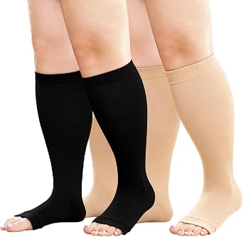 Plus Size Compression Socks 2 Pairs Wide Calf Compression Toeless Stockings for Men Women - Open Toe 20-30 mmHg