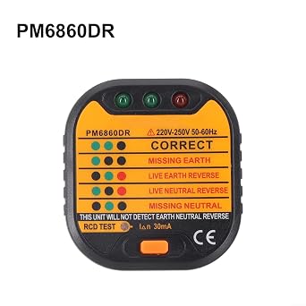 Electrical Socket Tester with Circuit Polarity Voltage Detection and GFCI RCD Trip Test for 110V 230V Outlets, Portable Instrument with LED Indicators(PM6860DR)