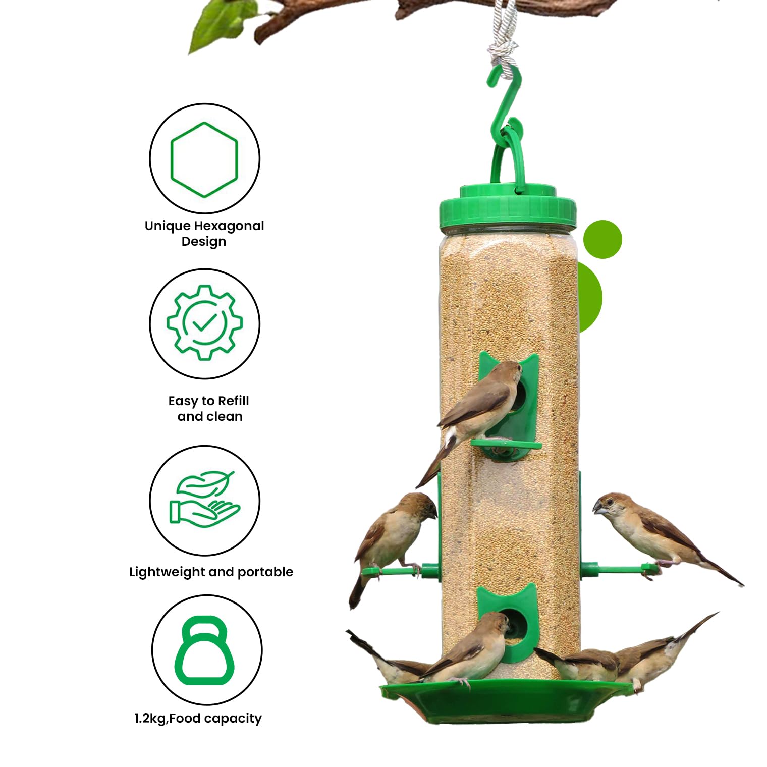 Hexagon Bird Feeder with 6 Feeding Ports, 29 x 16 x 16 cm - Holds 1800g Bird Food, Durable Food-Grad - Image 5 thumbnail
