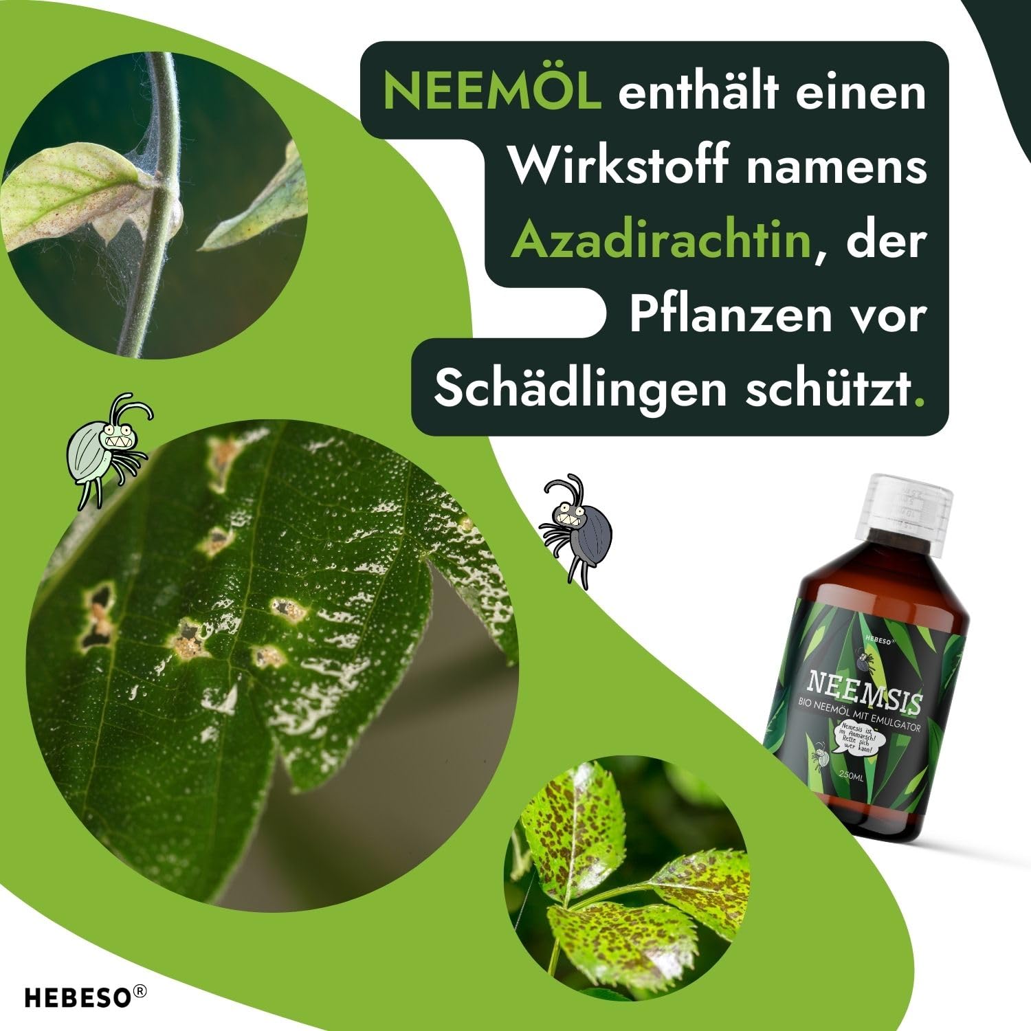 HEBESO® NEEMSIS Organiches Neemöl mit natürlichem Emulgator - Gebrauchsfertig - Kaltgepresst. 100% natürlich. Sicher für die Umwelt. (2x250ml)