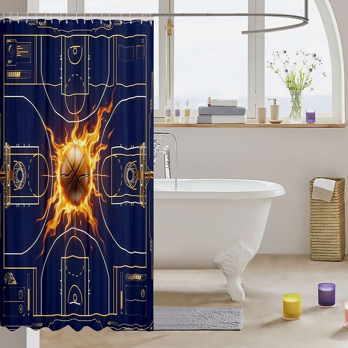 Flaming Basketball Bathroom Accessories Navy Basketball Court Shower Curtain Futuristic Sports Court Bathroom Curtain For Kids Adults 72" W X 84" L Navy Gold Aesthetic Fabric Shower Curtains image 3