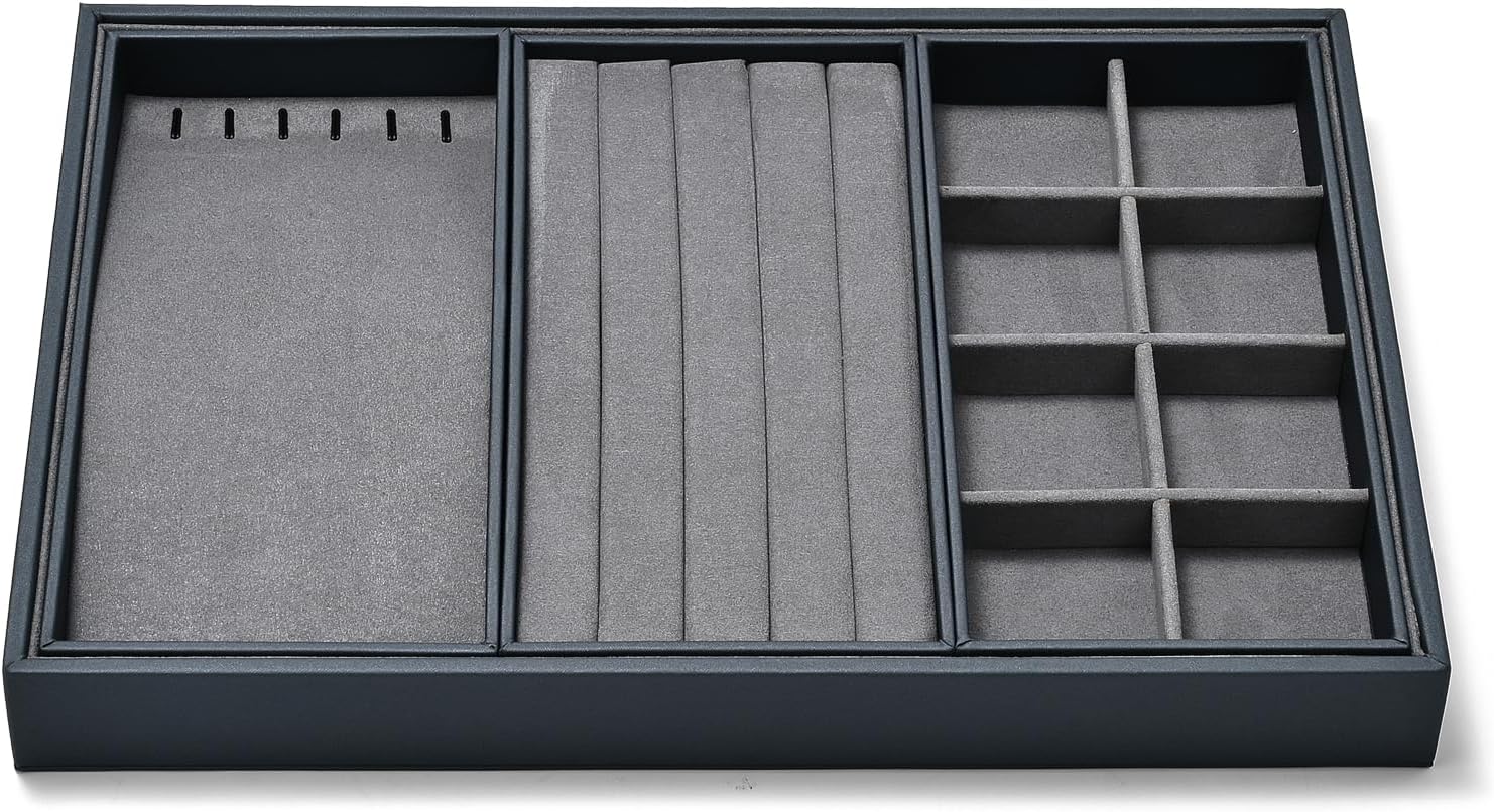Grey Microfiber 4 in 1 Stackable Jewelry Organizer Trays Jewelry Rings Necklace Earrings Display Trays