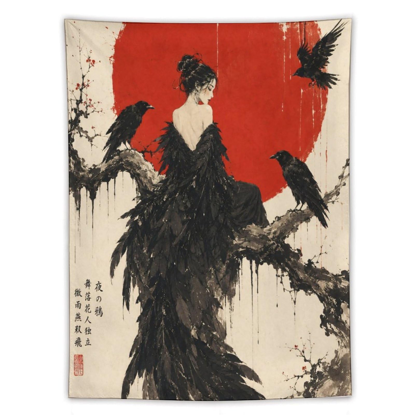W7C8U2X3 Raven Woman with Black Feathers Wall Tapestry, Room Divider