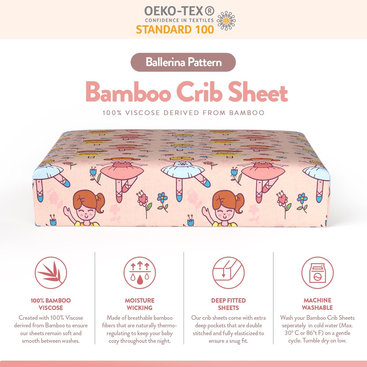 Tafts 100% Viscose Fitted Crib Sheets, Girls, Boys & Unisex, 8 Inch Deep Pocket, Standard Crib & Toddler Mattress, Cooling, Soft, 360 Elastic, Lifetime Quality (28 x 52 Ballerina)