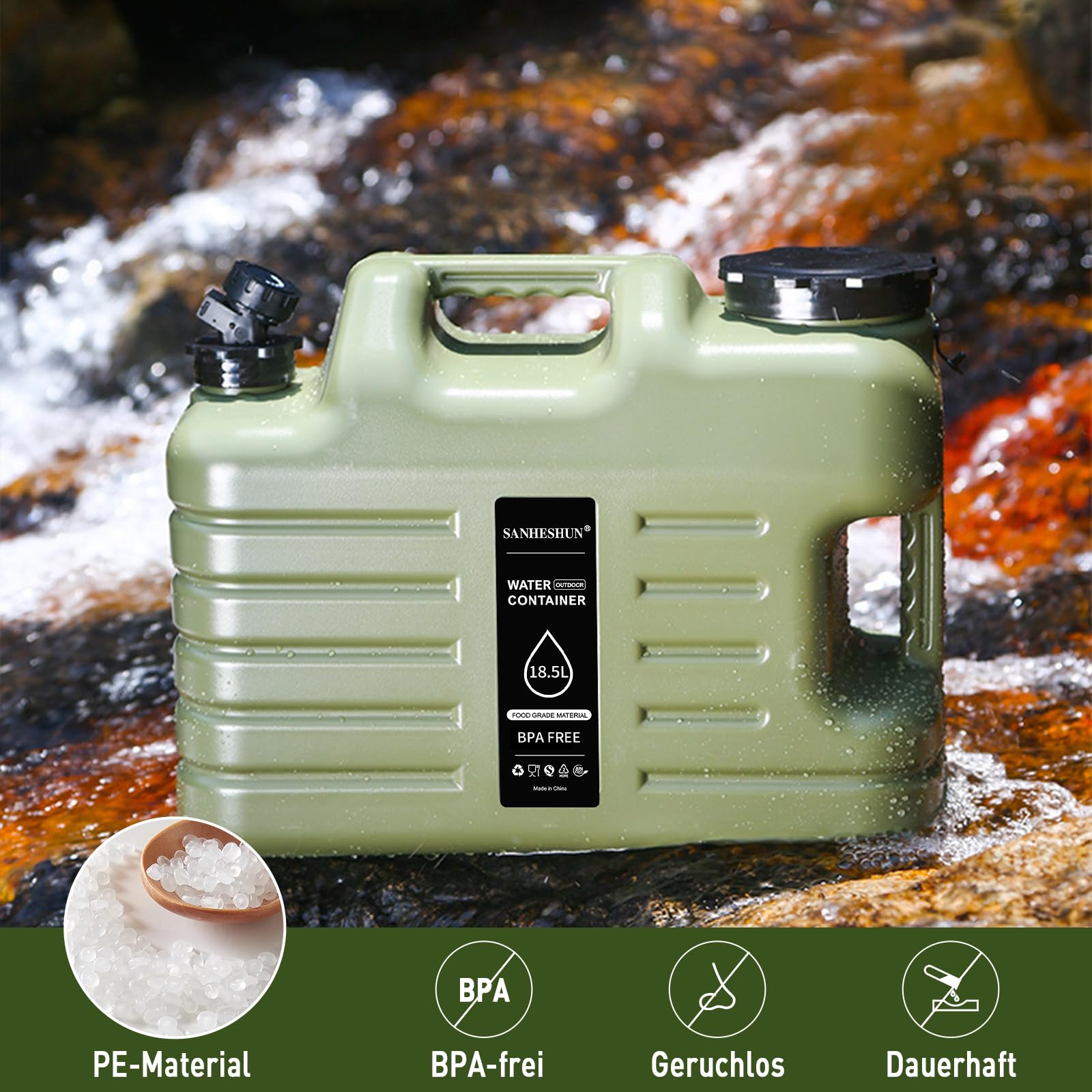 Sanheshun 12L Wasserkanister Mit Hahn – Camping-Wasserspeicher Aus BPA-freiem HPE, Mit Griffen, Schlauch & Bürste