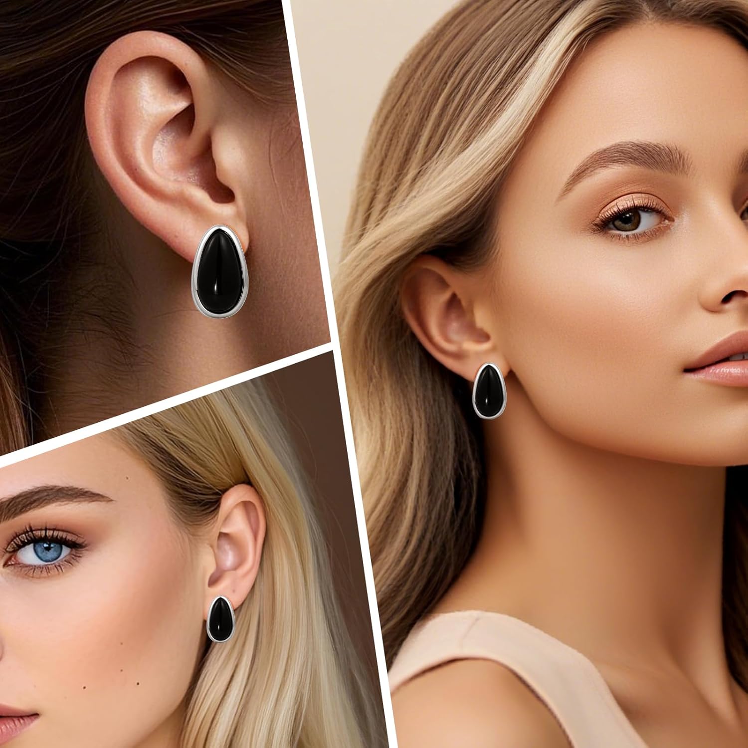 Wotforsh Black and Silver Teardrop Obsidian Natural Stone Stud Minimalist Simple Earrings for Women - Image 3