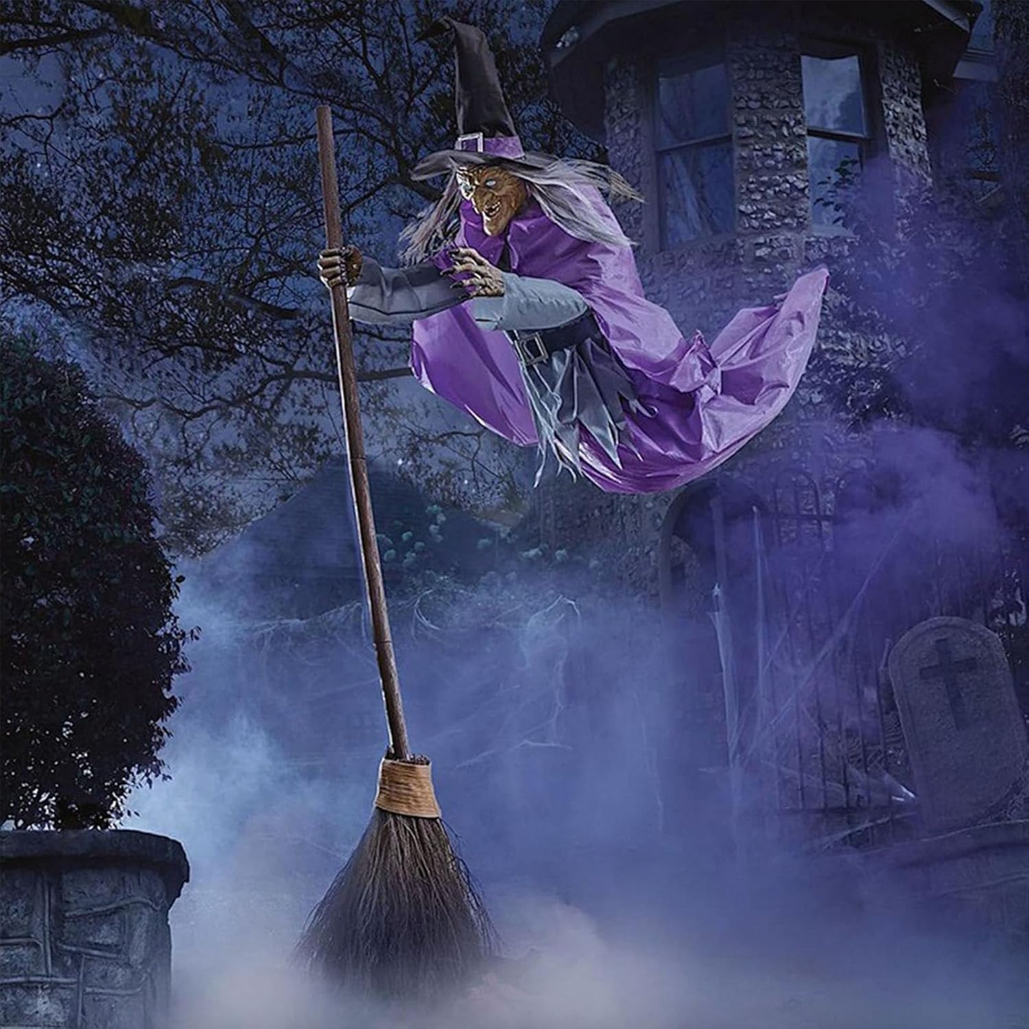 Decorazioni di Halloween per esterni, 200 cm, strega animata in bilico Animatronics, sensore attivato dal suono e dal tocco, oggetti di scena spaventosi per la casa, esterni, giardino, cortile, prato