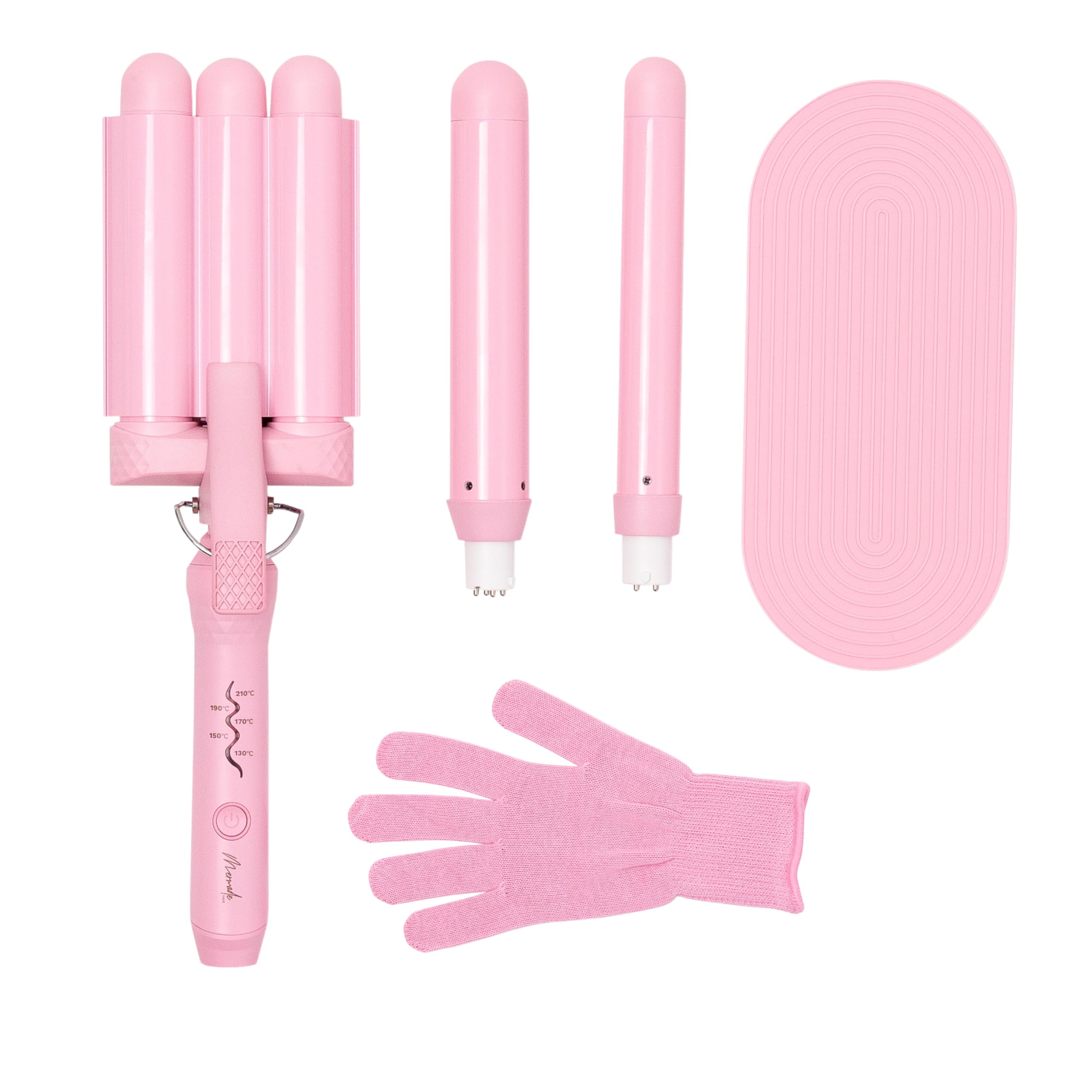 Mermade Hair 3 in 1 Style Wand - Hair Waver 3 Barrel, Curling Iron 1 1/4 Inch, 1 Inch Curling Iron, Ceramic Barrel Waver & Curler w/Heat Glove, Mat, & Interchangeable Handle - Pink