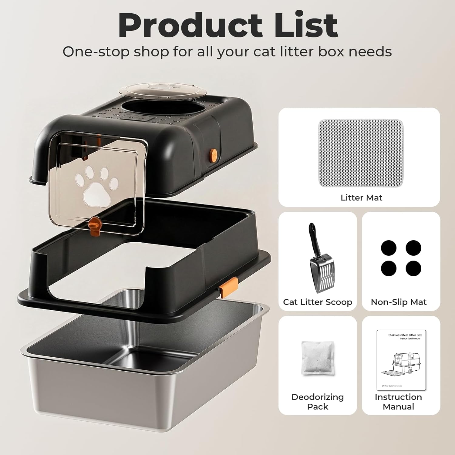 24″Lx16″Wx15″H Non-Stick Stainless Steel Litter Box with Lid, No-Mess Odor Control Anti-Leak Cat Litter Box, 3-in-1 Fully Enclosed High-Sided Litterbox with Flip Top (Black)
