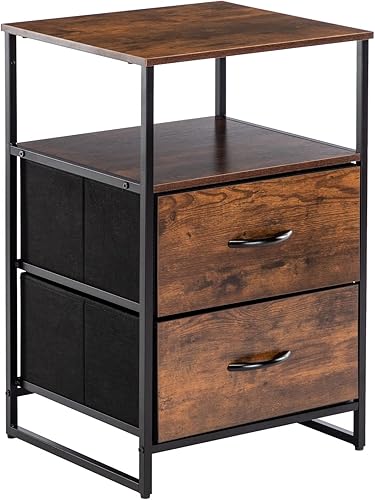 DUHOME Mesita de noche rústica, mesa de almacenamiento con 2 cajones, 2 estantes, cómoda de tela para dormitorio, sala de estar, mesa auxiliar con
