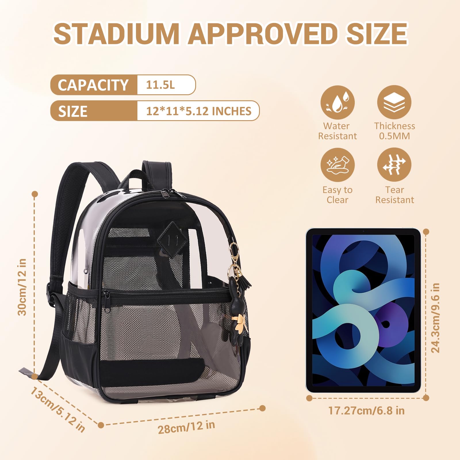 MUSEVOS Zaino trasparente per eventi dello stadio approvato 12×6×12, borsa spessa in TPU mini trasparente con tasca frontale per sport da concerto