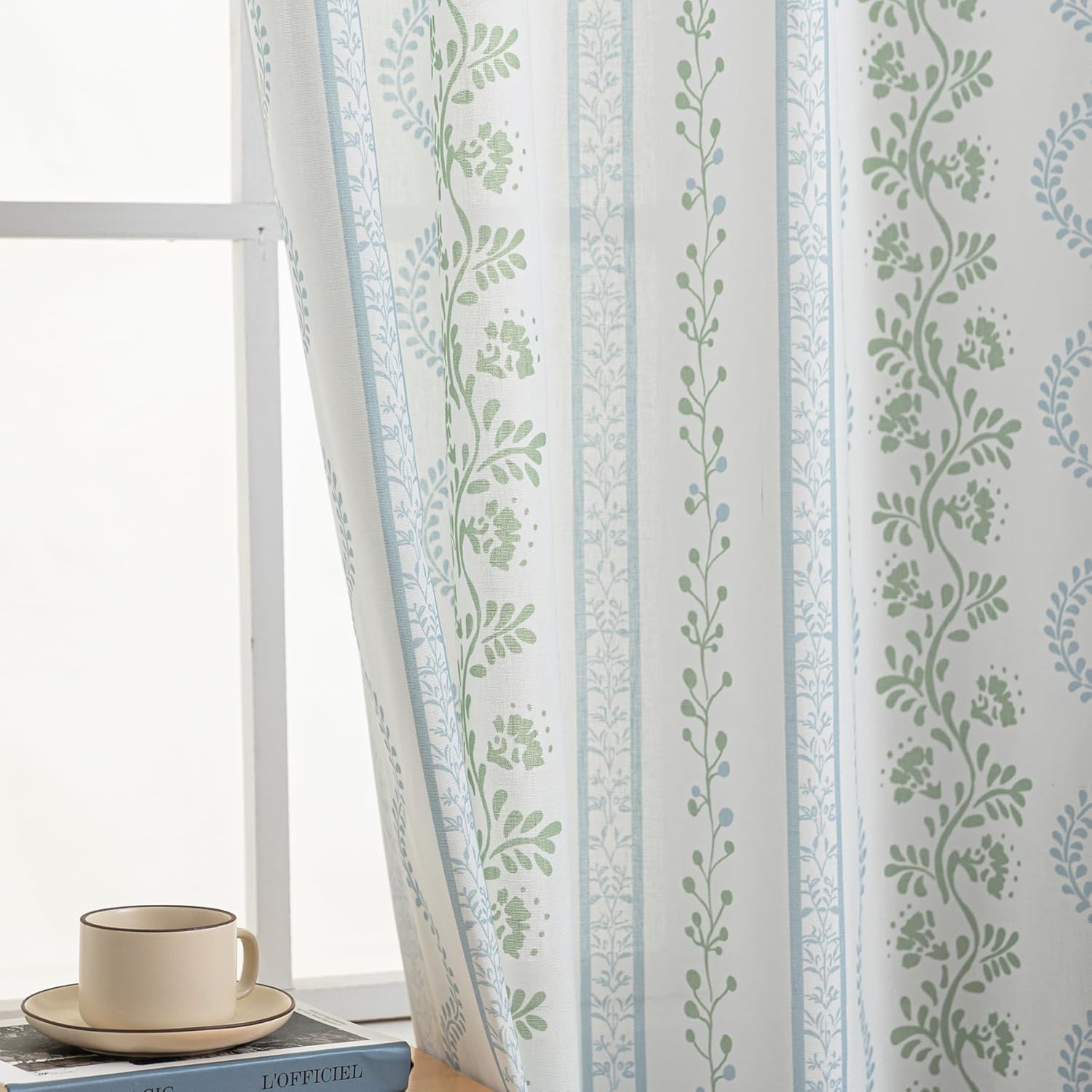 Vintage Linen Floral Curtains 84 Inch Length for Living Room Bedroom 2 Panels Set,Blue Green Pattern Print Sheer Cute French Country Cottage Core Whimsical Shabby Chic Window Curtain