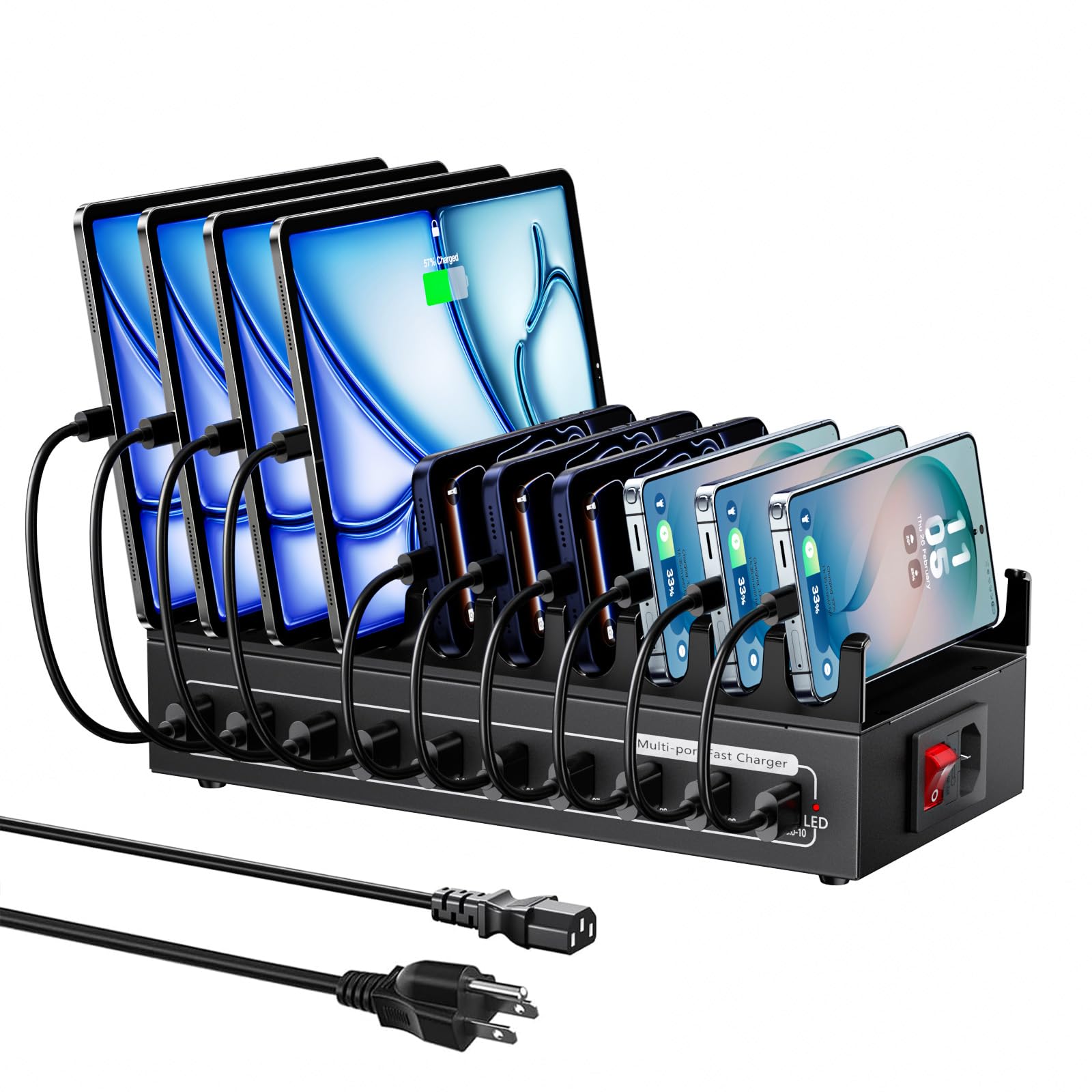 Estación de carga de 200 W para múltiples dispositivos, estación de carga rápida USB de 10 puertos, concentrador de estación de carga múltiple de escritorio compatible con Samsung/iPhone/iPad/Google