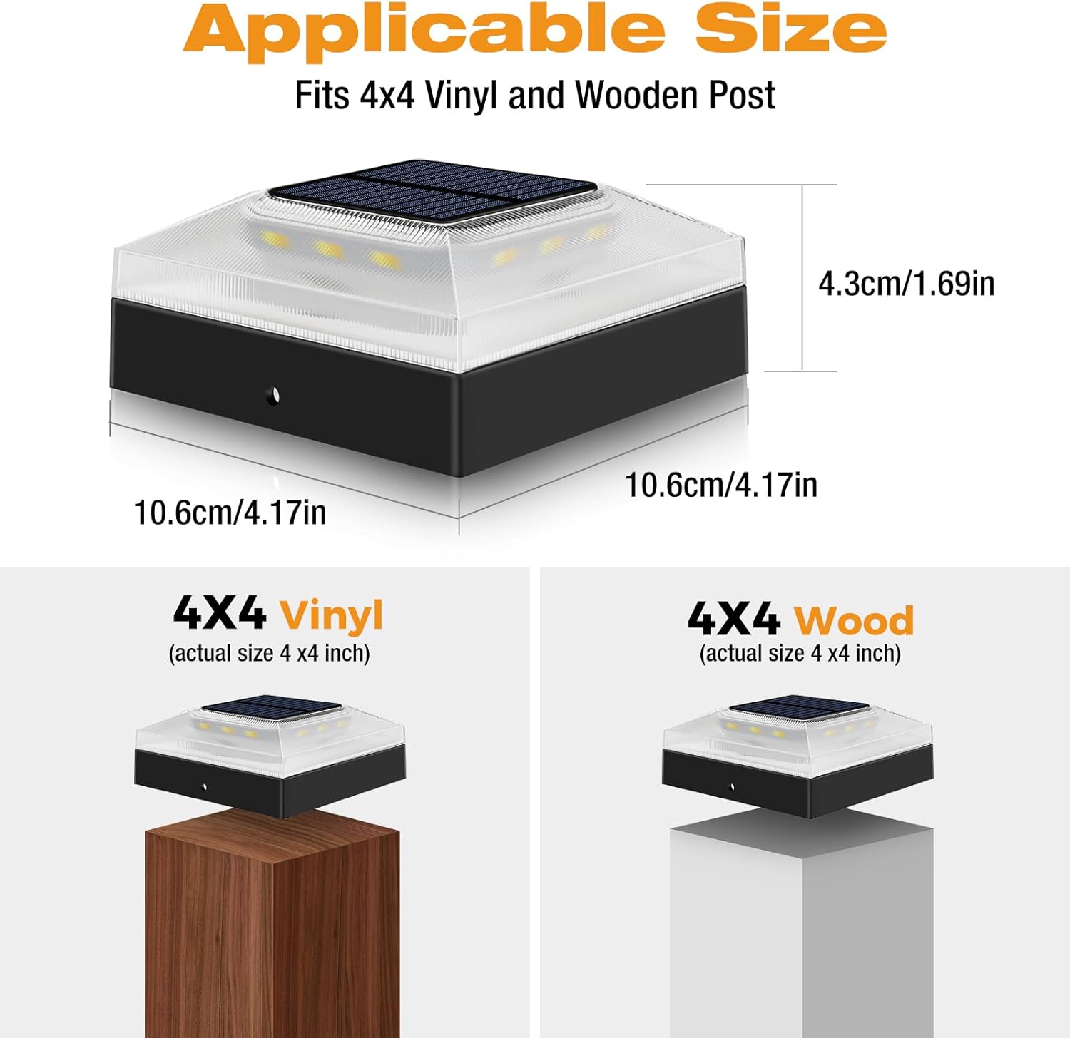 vighep 4x4 Solar Post Cap Lights Outdoor 4 Pack, 3 Color Modes/Dusk to Dawn/IP65 Waterproof, Fits 4x4 Vinyl/PVC Wood Posts Top, Black LED Fence Topper Light for Deck, Porch, Backyard