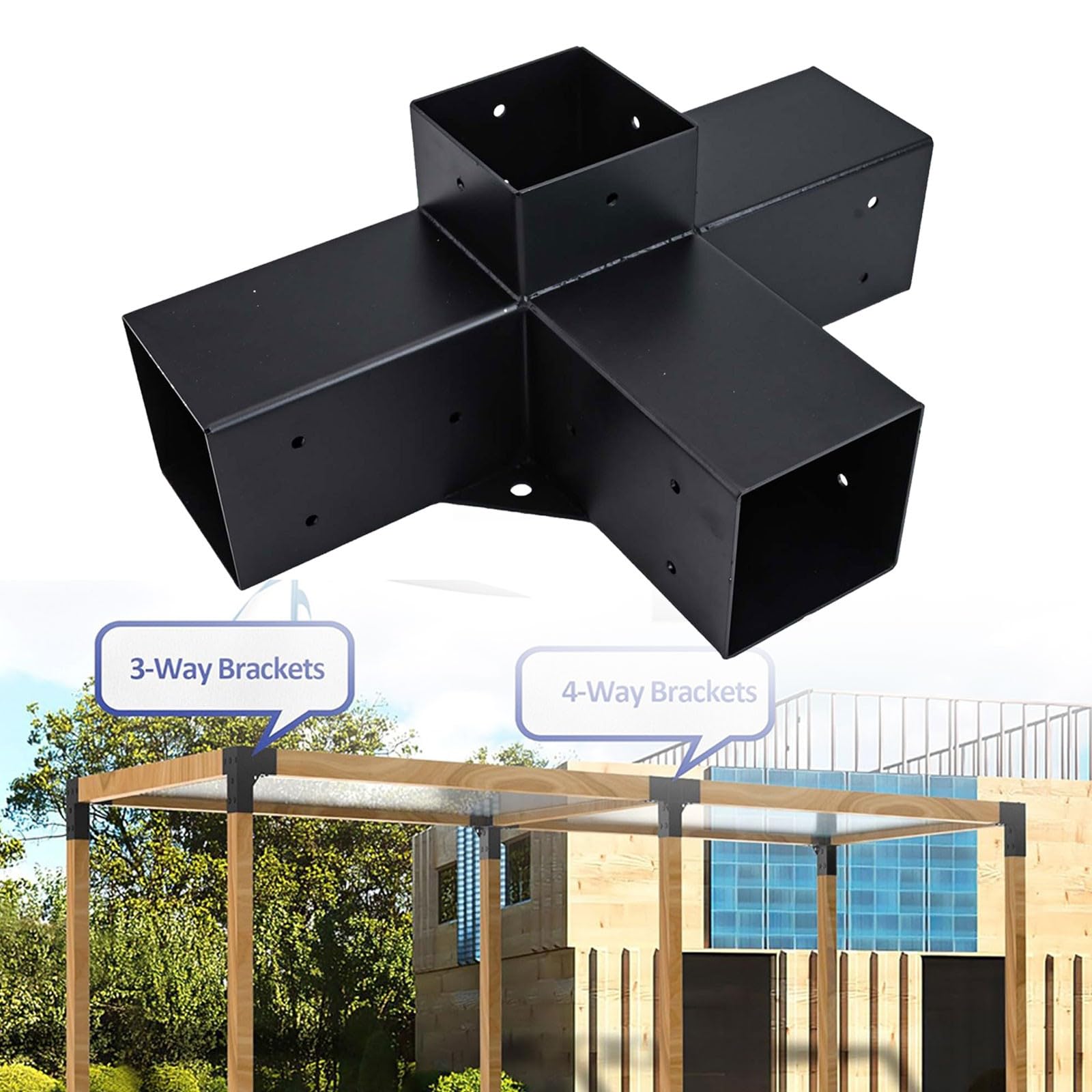 Kit di staffe per pergola in lega di acciaio, connettori angolari a 4 vie resistenti per legname da 10 x 10 cm, telaio per gazebo da giardino con viti, nero