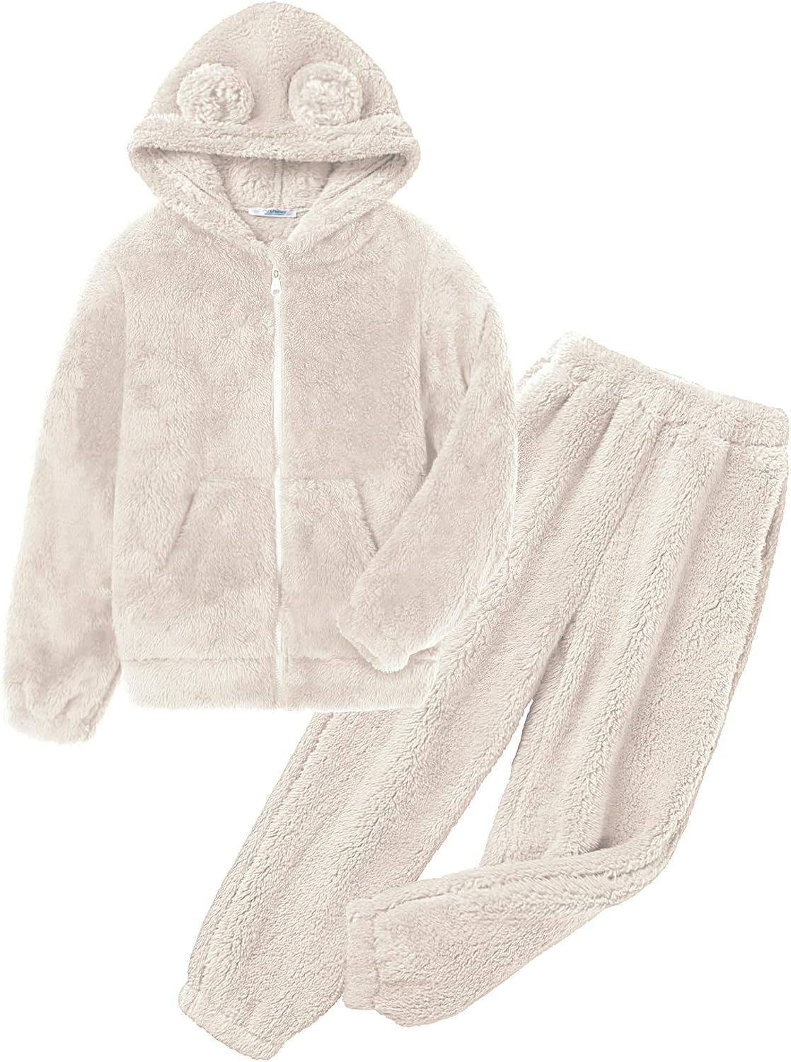 Arshiner Girls 2 Piece Fuzzy Set with Bear Ear Hoodie and Jogger Pants Zip Up Sweatshirt Outfits for Fall Winter 5-13 Years