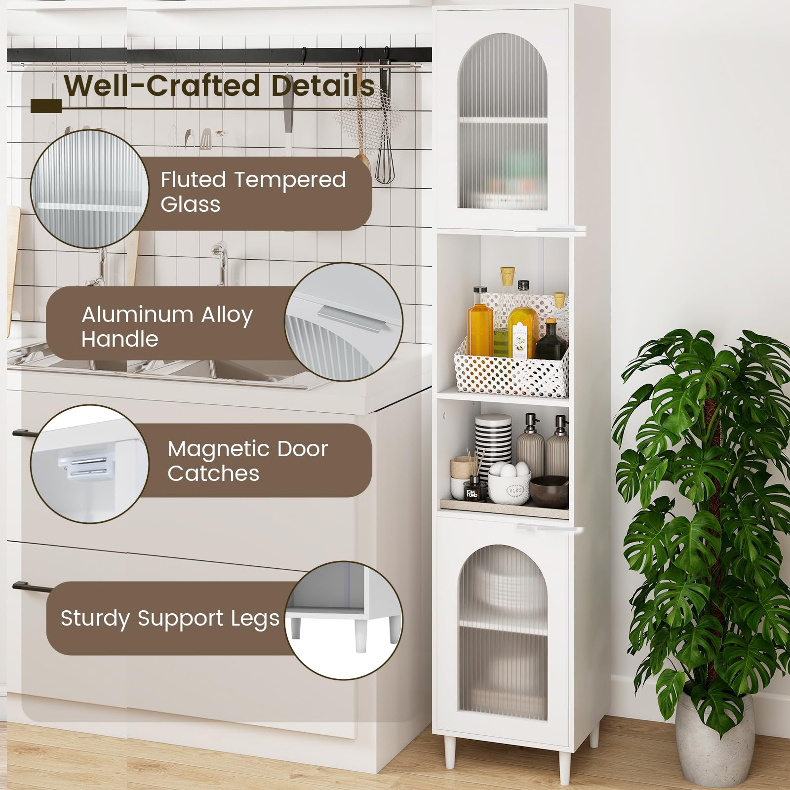 LIFEZEAL Mobile Bagno Salvaspazio Bianco, Colonna Bagno Alto, Stretto, 35x30x180cm, Credenza Cucina, Armadio Dispensa, Mobiletto, con 2 Ante in Vetro, Ripiani Regolabili, Scomparti, in Legno, Max 90kg