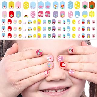 Nail Stickers for Kids - Self-Adhesive CuteNail Wraps, 3D Unicorn, Rainbow, Fruit, Flower DIY Designs Nail Art Decals for Little Girls, Toddler (6 Sheets)