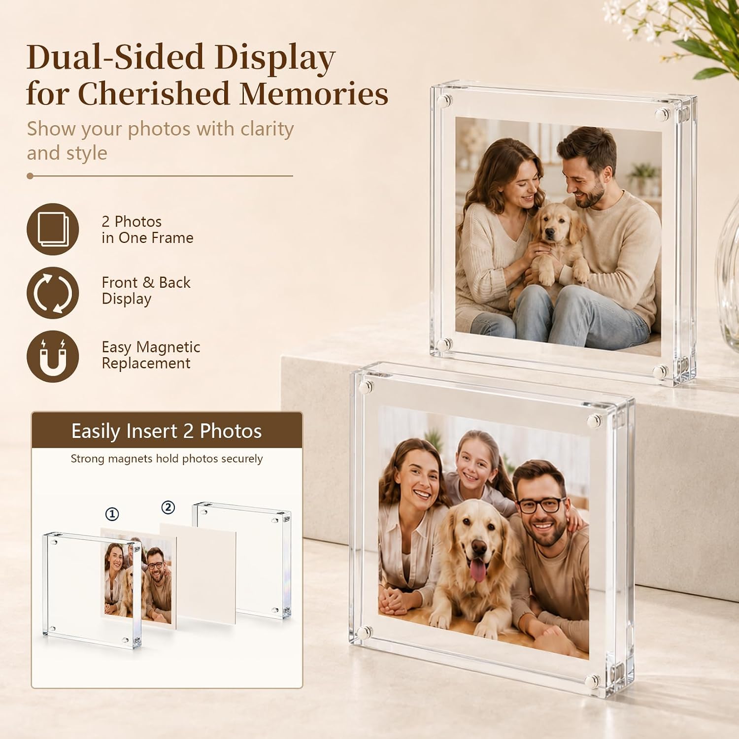 4×4 Acrylic Picture Frames, Double Sided Clear Desktop Display, 2 Pack
