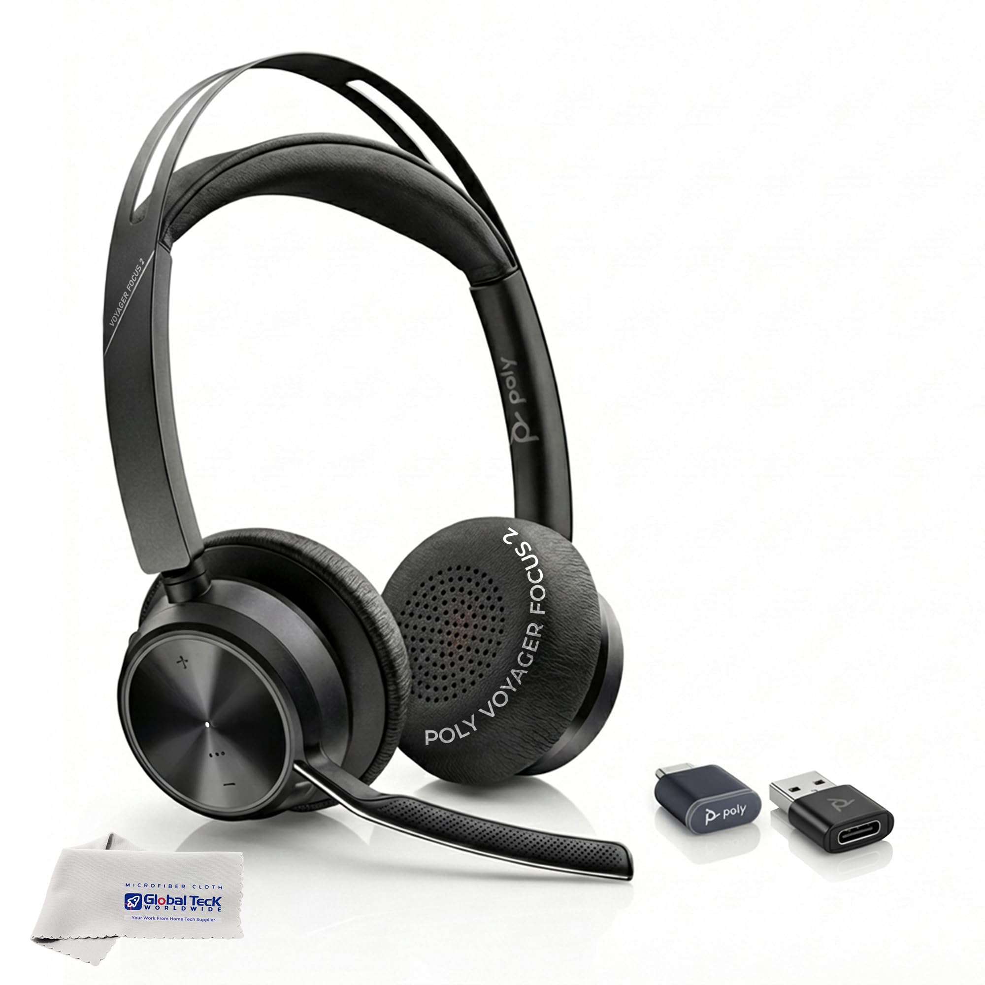 Poly Voyager Focus 2 Bluetooth Headset with Noise Blocking Mic - USB-C/A Dongle Adapters for PC using MS Teams, Zoom - Pairs to Both Cellphone and Laptop - Charging cable, and GTW Microfiber Cloth