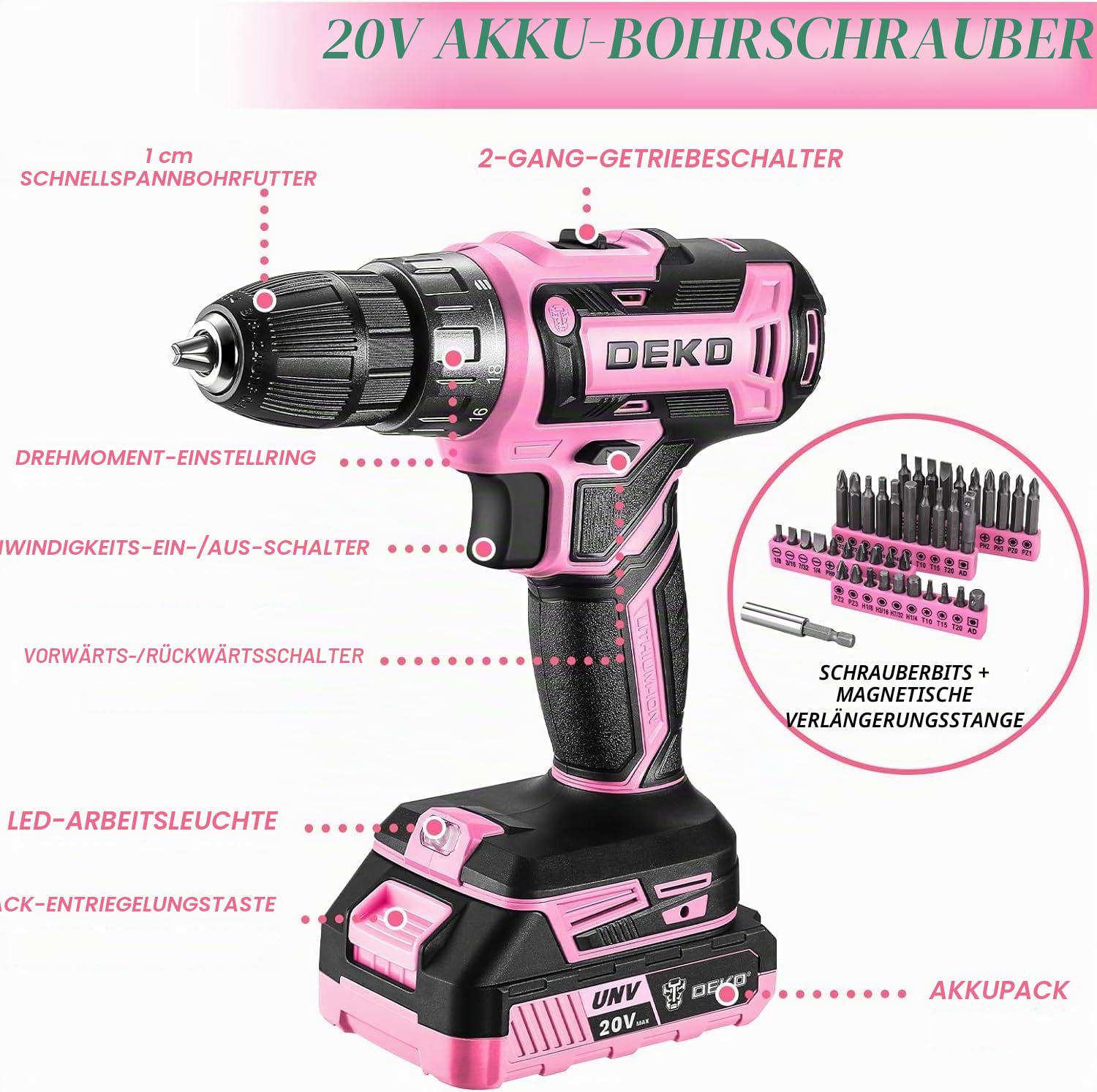 186-Teiliges Werkzeugkoffer mit Akkuschrauber: DEKO Werkzeugkasten mit 20 V Rosa Akkubohrer für Frauen Zuhause Handreparatur Grundlegende Werkzeugsets