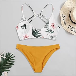 Biquíni de 2 peças Mulheres Folha Aleatório Impressão Bikini Set Push-up Swimsuit Beachwear Padded Swimwear Купальник женский Maillot de Bain (Color : Yellow, Size : L)