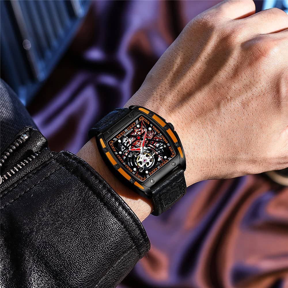 Guanqin Montre mécanique à remontage automatique japonais pour homme avec motif toile d'araignée innovante, saphir, double face, creux, étanche, en forme de tonneau