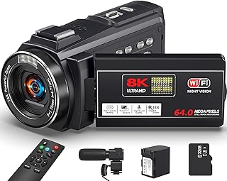 8K Video Camera 64MP Camcorder, 18X Digital Zoom with IR Night Version Vlogging Camera for Youtube, 3.0" IPS Touch Screen with one 4500mAh Battery, 32GB TF Card, Remote Control, Mic, and Adapter