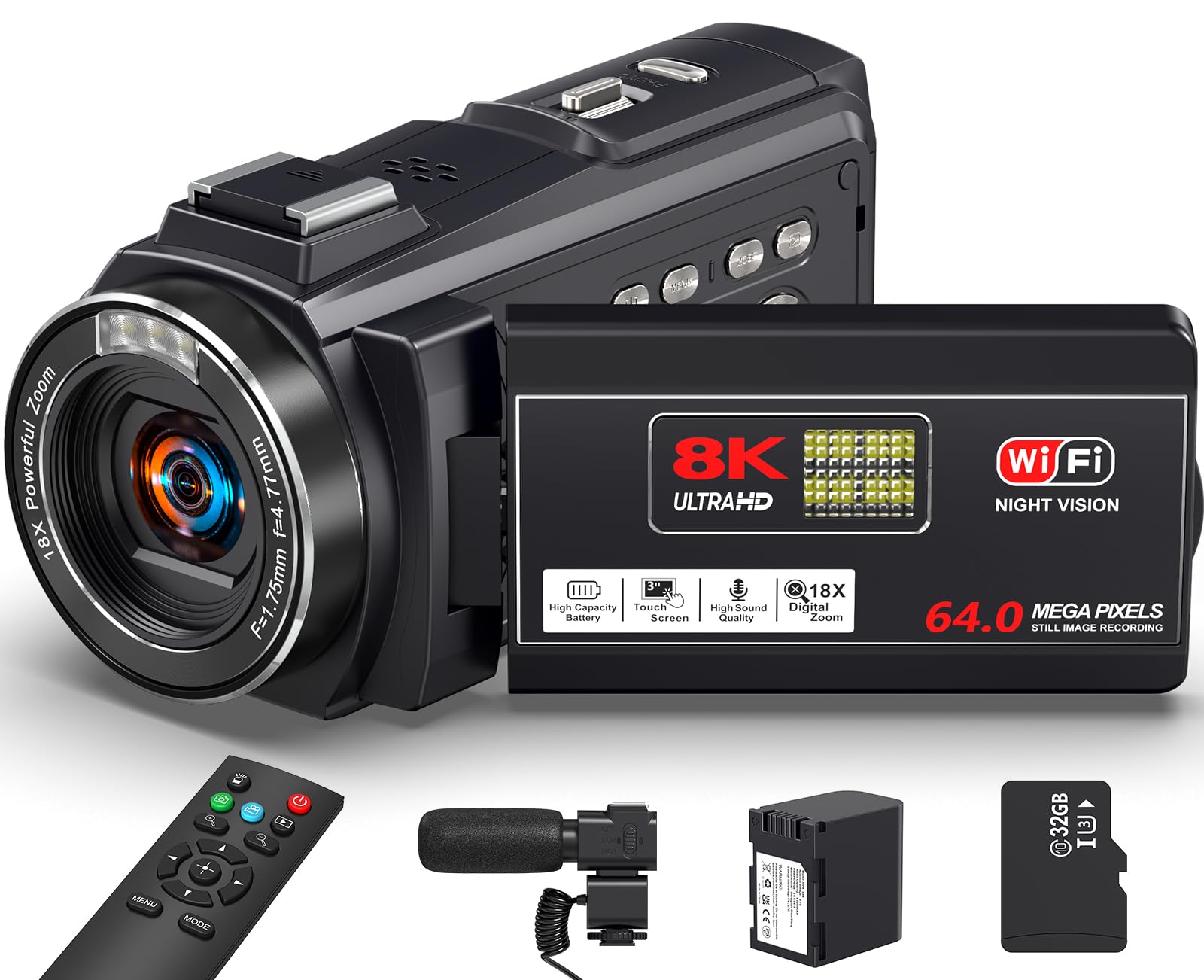 Amazon.com : 8K Video Camera 64MP Camcorder, 18X Digital Zoom with