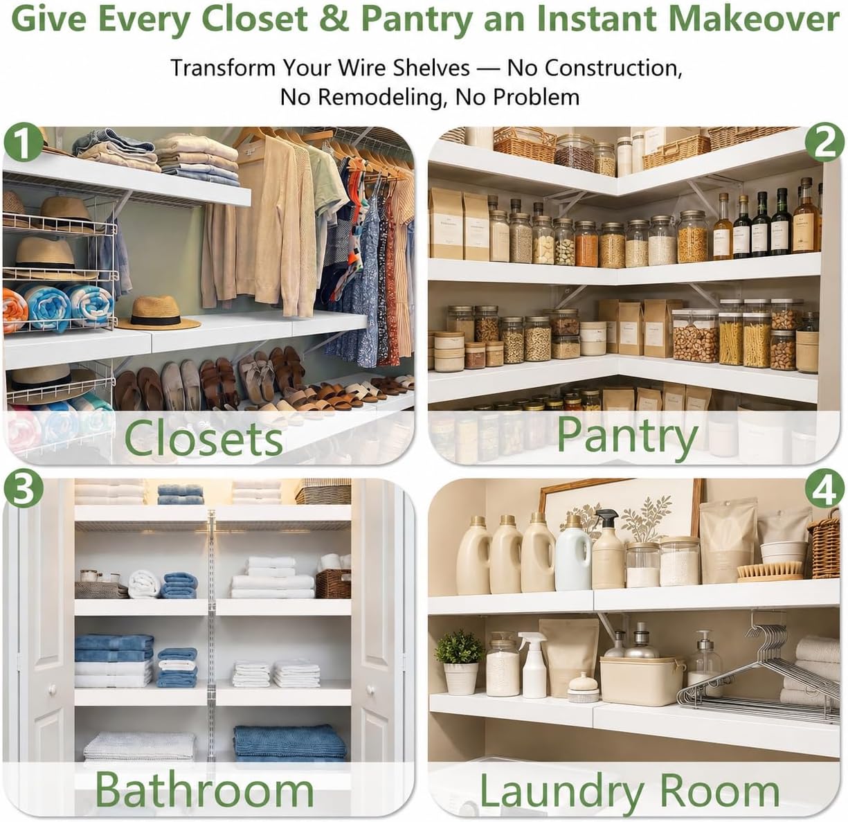 Wire Shelf Covers for Pantry, Premium Engineered Wood Shelf Covers for Wire Shelving, Wire Rack Covers for Closet, Laundry Room, Easy Assembly, White (5pcs, 30" W x 12" D), Pending Patent